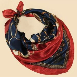 Vintage Chain Print Square Scarf Red and Blue, Elegant Satin Neckerchief